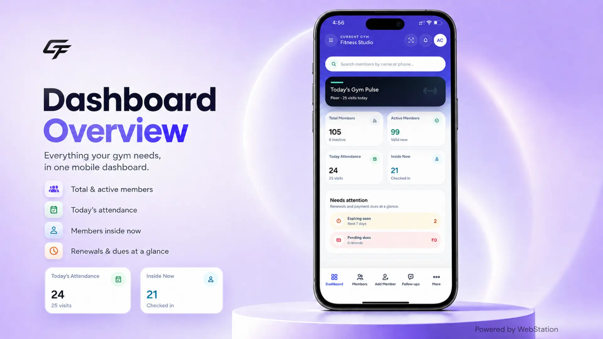 GymFlow management software dashboard interface by WebStation
